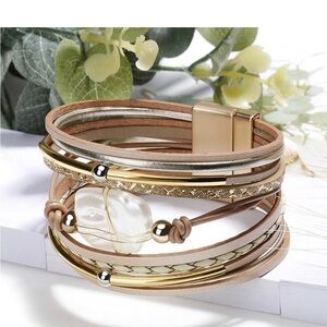 New Leather Wrap Bracelet Boho Leopard Multi-Layer Crystal Beads Cuff